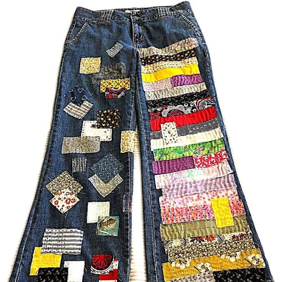 Women's Reworked Vintage Tommy Hilfiger Wide Leg Jeans - hand sewn patches sz 8 - Picture 1 of 6